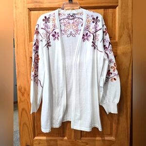 Chicho's long puff sleeve cardigan sweater with cutouts and side slits, size 16